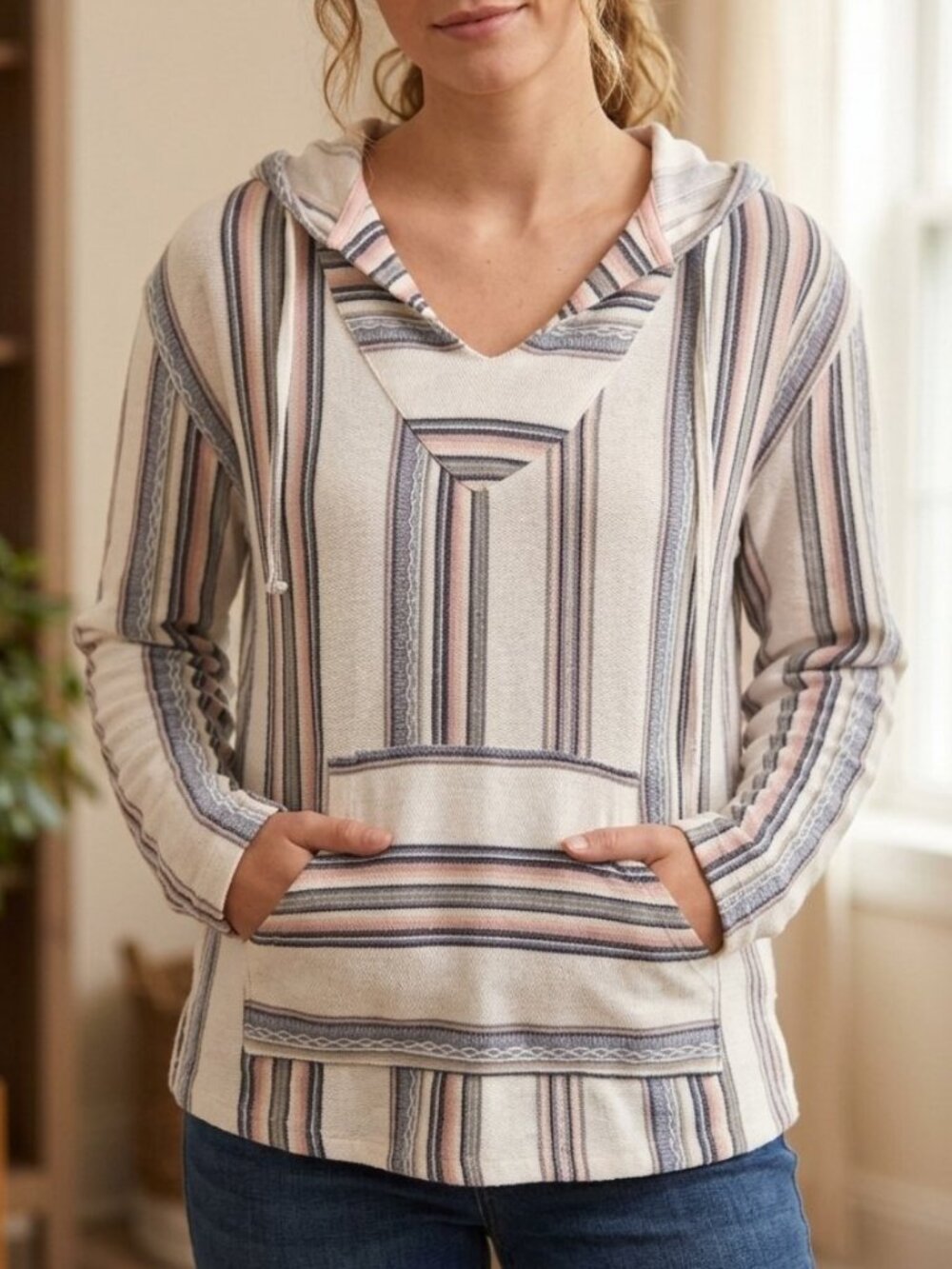 WallFlower Woman's Tuck Hacci Classic Baja Stripe V-Neck Hoodie Pullover Size L